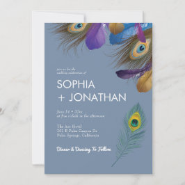 Invitación Moda moderna de la pluma de pavo real Boda azul tu