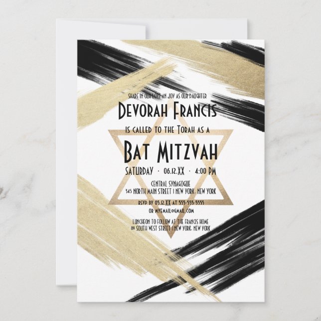 Invitación Moda moderna de oro negro brocha de oro Mitzvah (Anverso)