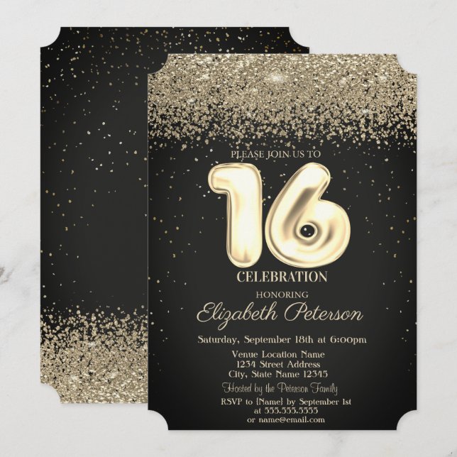 Invitación Moda moderna Diamantes de oro Confetti dulce 16 (Anverso / Reverso)