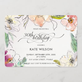 Invitación Moda Moderna Elegante Acuarela Floral Cumpleaños