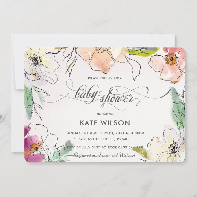 Invitación Moda Moderna Elegante Watercolor Floral Baby Showe (Anverso)