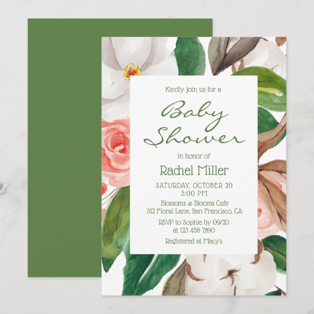 Invitación Moda moderna Floral acuarela Baby Shower (Anverso / Reverso)