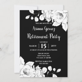Invitación Moda Moderna Jubilación Floral Negra Y Blanca