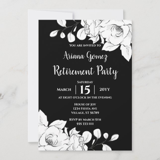 Invitación Moda Moderna Jubilación Floral Negra Y Blanca (Anverso)