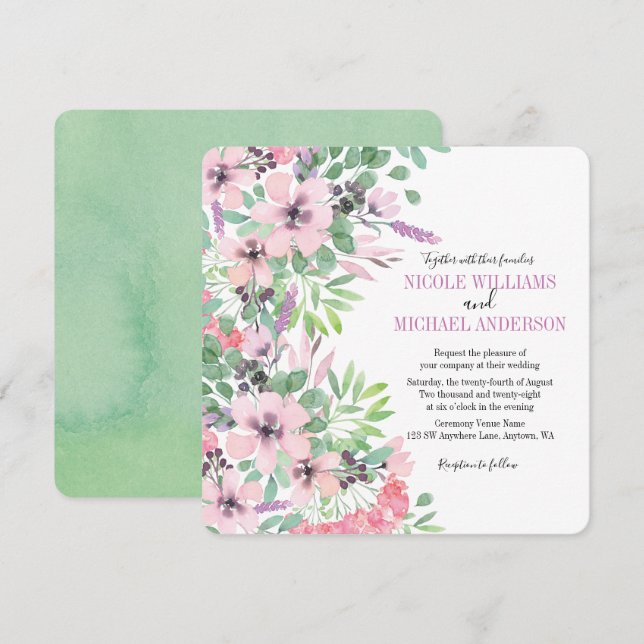 Invitación Moda moderna Lilac acuarela peony Foliage BODA (Anverso / Reverso)