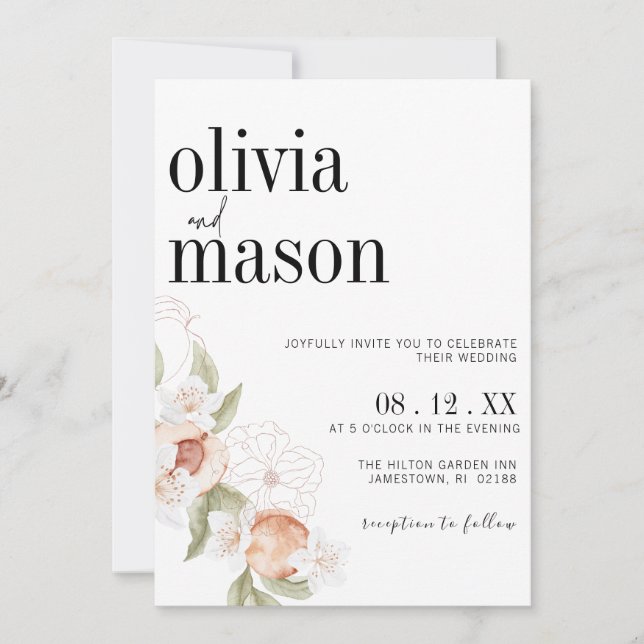 Invitación Moda moderna, melocotones florales y Boda crema (Anverso)