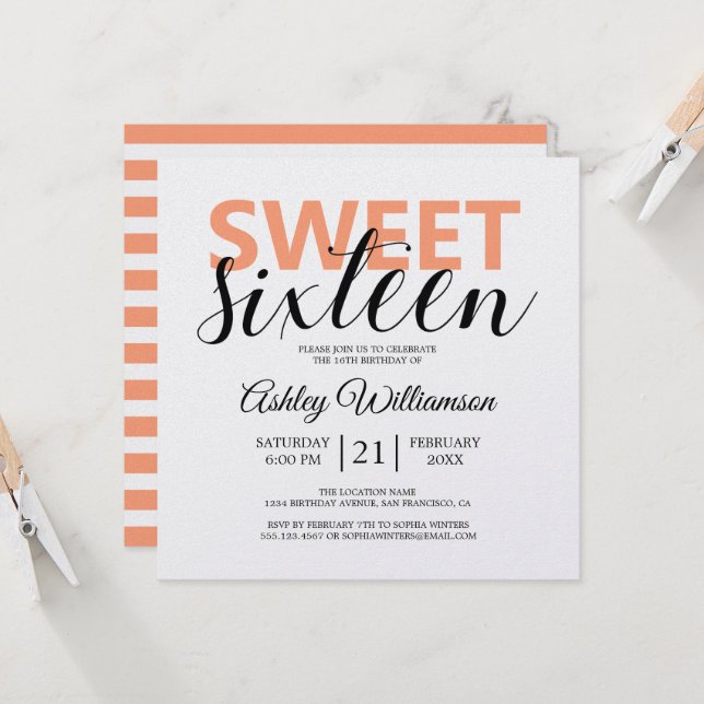 Invitación Moda moderna Naranja franjas blancas Sweet 16 (Anverso/Reverso In Situ)