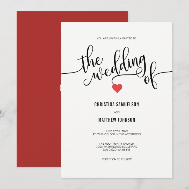 Invitación Moda moderna negro, blanco Boda de corazón rojo (Anverso / Reverso)