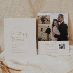 Invitación Moda moderna Oro vintage QR Código Boda fotográfic<br><div class="desc">Esta moderna invitación a la boda con códigos QR en oro vintage de moda es perfecta para un boda sencillo. El diseño de boho neutro presenta una tipografía bohemia rústica única y elegante de color oro y marfil crema. Personaliza tu invitación con 3 fotos de compromiso en la parte posterior....</div>