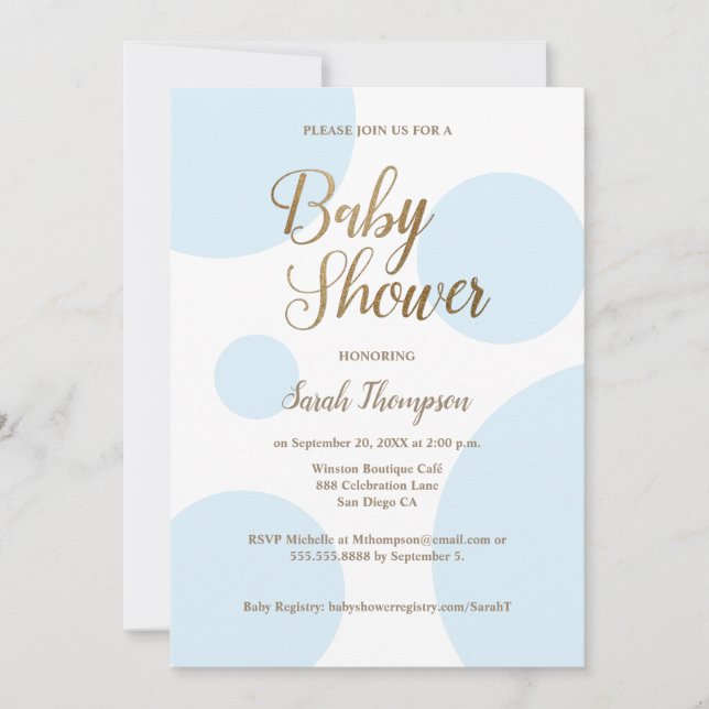 Invitación Moda moderna Polka dot Gold Blue Baby Shower (Anverso)