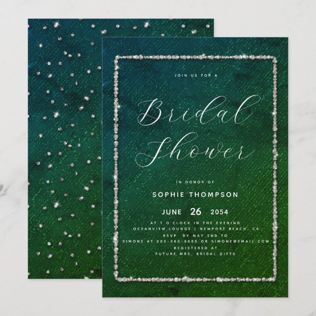 Invitación Moda moderna Purpurina espumoso ducha esmeralda de (Anverso / Reverso)