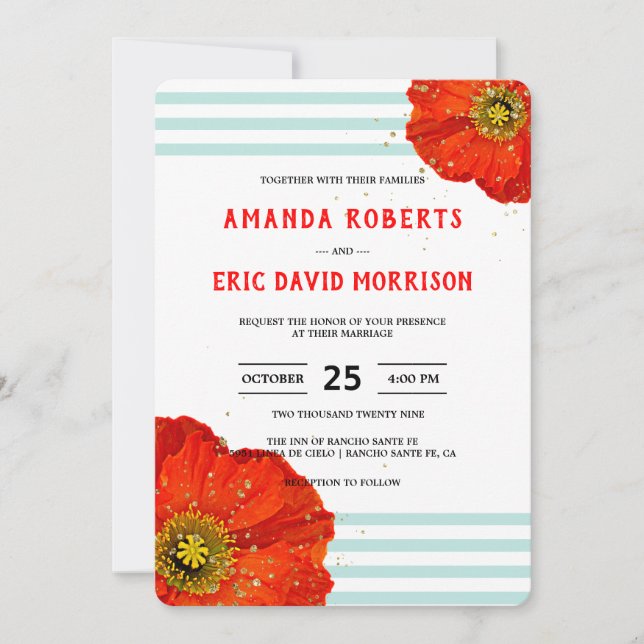 Invitación Moda moderna Red Poppy Mint Verde azulada Stripes  (Anverso)