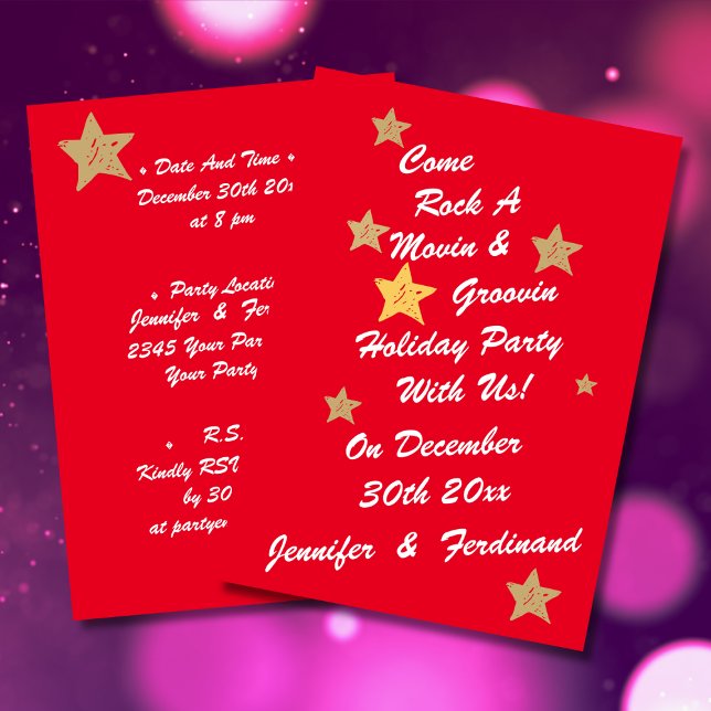 Invitación Moda moderna Rojo, Blanco y Oro Estrellas Groovy F (Modern chic white script on bright red background with gold stars groovy holiday party invitation.)