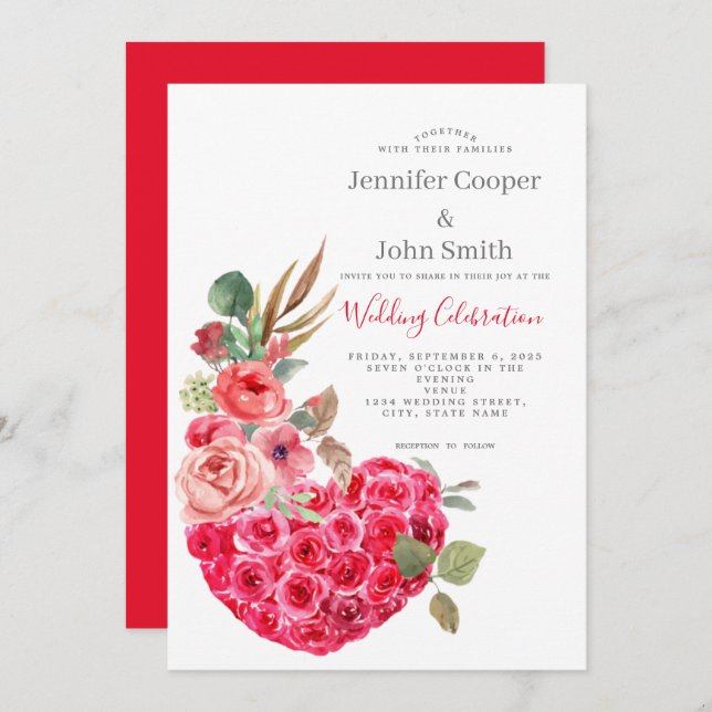 Invitación Moda moderna Rosa acuarela Boda floral cardíaca (Anverso / Reverso)