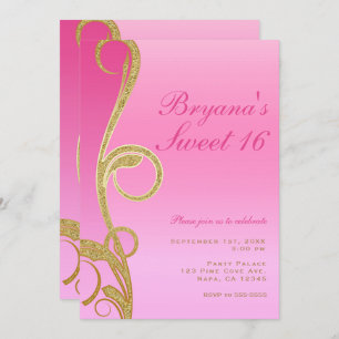 Invitación Moda moderna rosa y dorada Glam Swirl Sweet 16 Fie