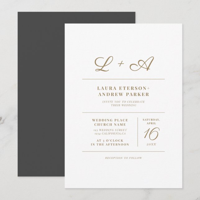 Invitación Moda moderna simple boda inicial de oro minimalist (Anverso / Reverso)