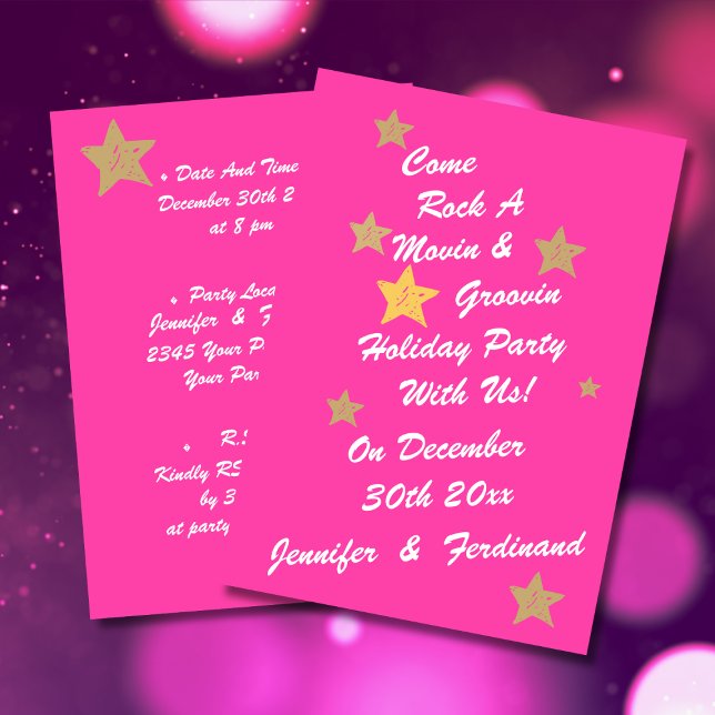 Invitación Moda moderna White Pinik Gold Stars Groovy Holiday (Modern chic white script on hot pink background with gold stars groovy holiday party invitation.)