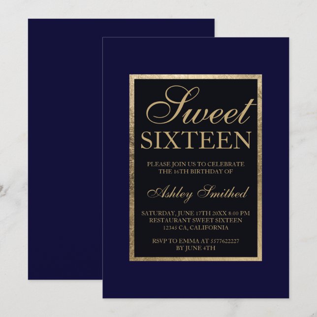 Invitación Moda moderna y elegante azul marino dorado 16 (Anverso / Reverso)