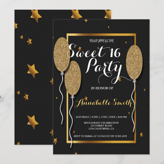 Invitación moda moderna y elegante dulce negro y dorado 16 (Anverso / Reverso)