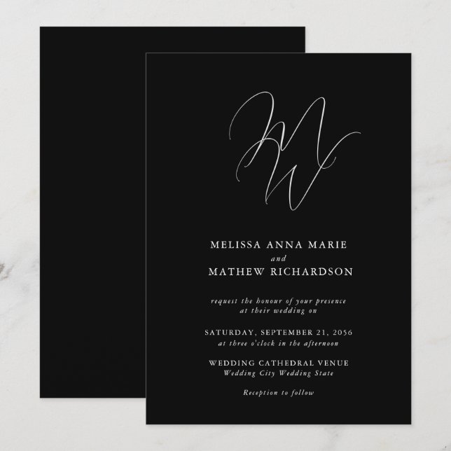 Invitación Moda Monograma Boda blanco y negro moderno (Anverso / Reverso)