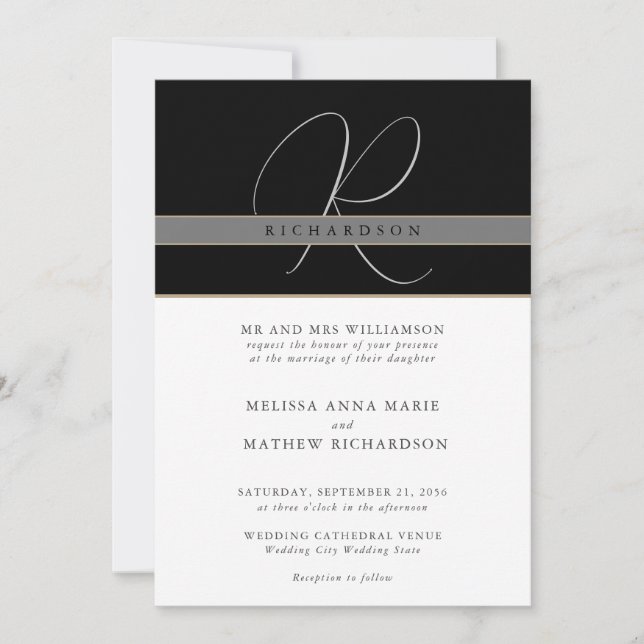 Invitación Moda Monograma Elegante Boda blanco negro clásico (Anverso)