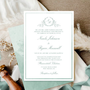 Invitación Moda Monograma formal Boda de acuarela verde pálid