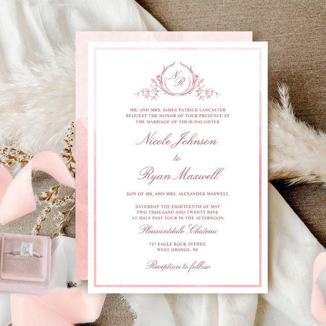 Invitación Moda Monograma formal Rubor Boda de acuarela rosa (Subido por el creador)