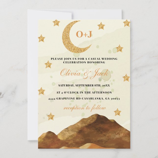 Invitación Moda Montaña luna acuarela oro elegante Boda (Anverso)