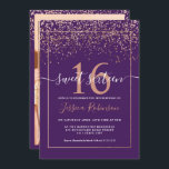 Invitación Moda morada de confeti dorado rosa de Girly Sweet<br><div class="desc">Confeti de Relieve metalizado dorado de rosa elegante y moda,  con bordes geométricos,  invitación a fiesta de cumpleaños Sweet 16,  con un fondo morado editable y un moderno y elegante tipo de letra de guión,  es perfecto para un elegante fiesta de chicas.</div>