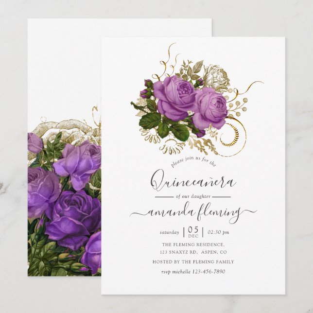 Invitación Moda morada y dorada floral Quinceañera (Anverso / Reverso)
