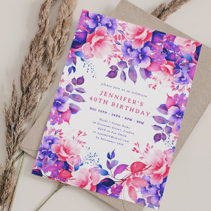 Invitación Moda Morado Acuarela Floral 40 cumpleaños