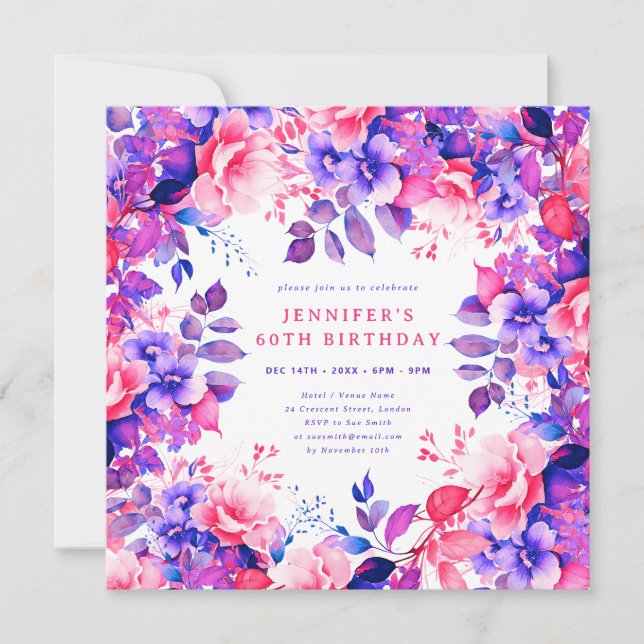 Invitación Moda Morado Acuarela Floral 60 cumpleaños (Anverso)