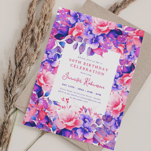 Invitación Moda Morado Acuarela Floral 60 cumpleaños