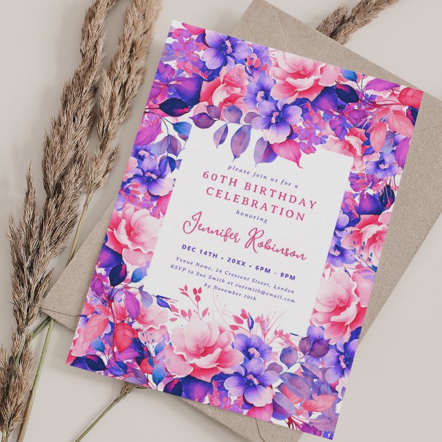 Invitación Moda Morado Acuarela Floral 60 cumpleaños (Chic Purple Watercolor Floral 60th Birthday Party Invitation)