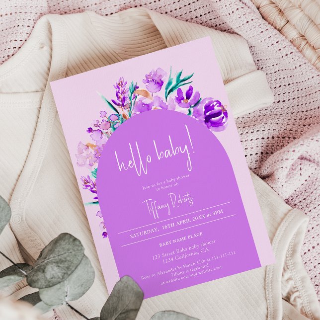 Invitación Moda morado arco floral neutro hola bebé ducha (Chic purple floral arch neutral hello baby shower invitation)