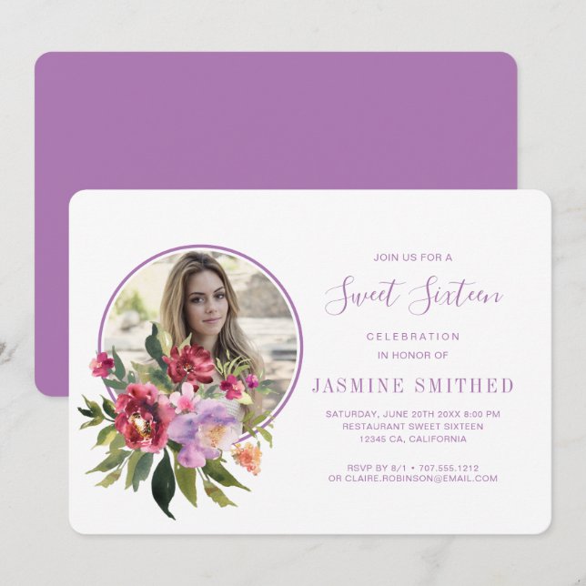Invitación Moda Morado Blanco Floral Foto Dulce 16 (Anverso / Reverso)