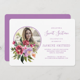 Invitación Moda Morado Blanco Floral Foto Dulce 16