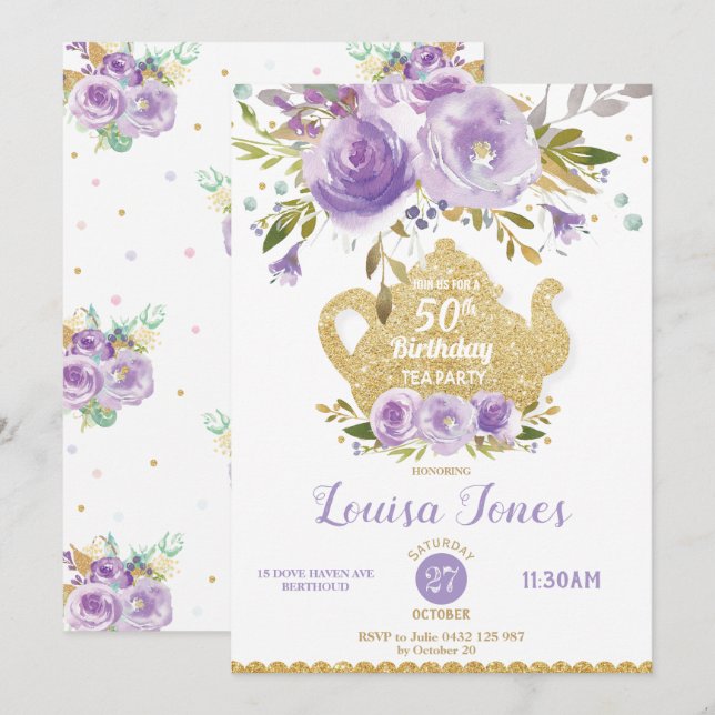 Invitación Moda Morado Floral 50 cumpleaños Fiesta de té Cual (Anverso / Reverso)