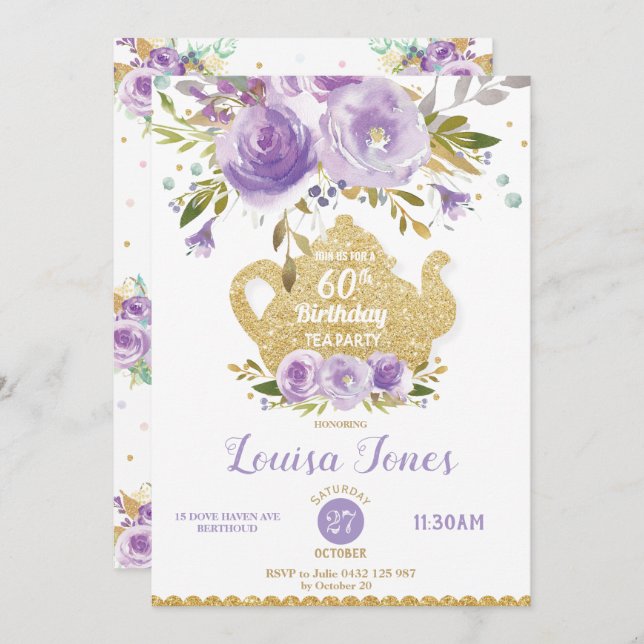 Invitación Moda Morado Floral 60 cumpleaños Fiesta de té Cual (Anverso / Reverso)
