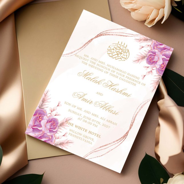 Invitación Moda Morado Floral Oro boda musulmán islámico (Subido por el creador)