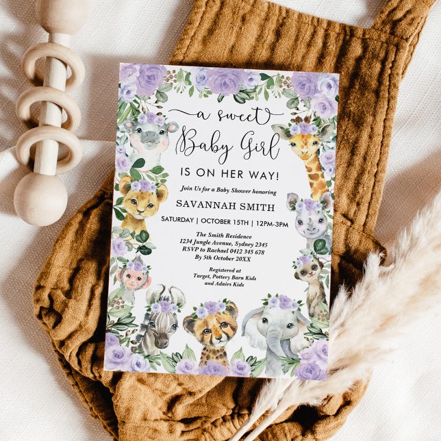Invitación Moda Morado Floral Safari Chica Baby Shower (Subido por el creador)