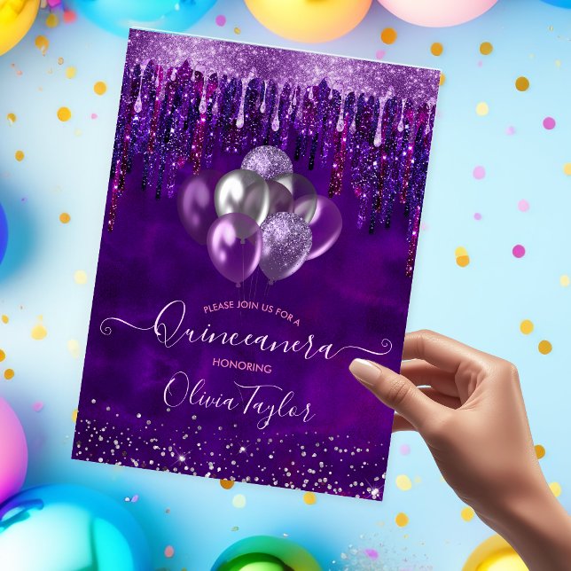Invitación Moda morado gotea globos purpurinas Quinceanera (Subido por el creador)