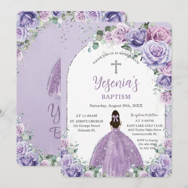 Invitación Moda Morado Lilac Floral Arco Plateado Bautismo (Anverso / Reverso)