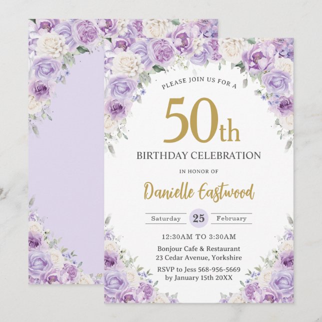 Invitación Moda Morado Lilac Floral Blanca 50 cumpleaños 60 (Anverso / Reverso)