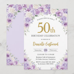 Invitación Moda Morado Lilac Floral Blanca 50 cumpleaños 60