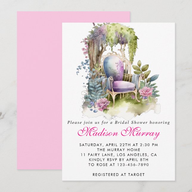 Invitación Moda Morado Pink Floral Garden Silla Bridal Shower (Anverso / Reverso)