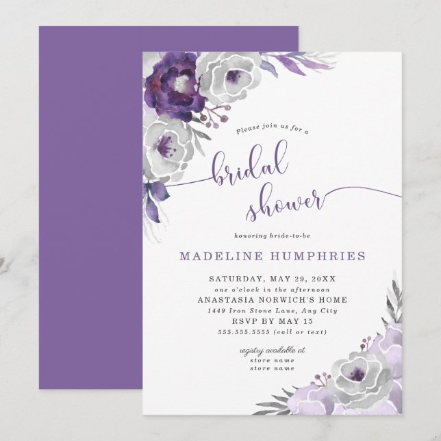 Invitación Moda Morado Plata Acuarela Floral Bridal Shower (Anverso / Reverso)