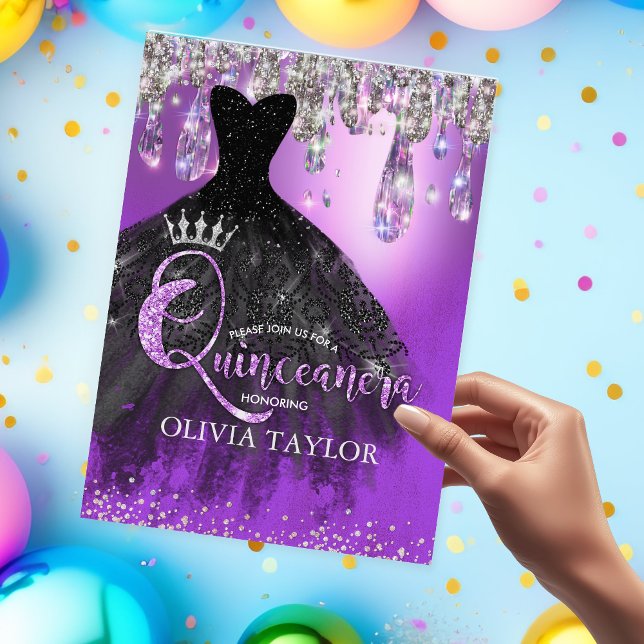 Invitación Moda morado purpurina de plata gotea Quinceanera (Subido por el creador)