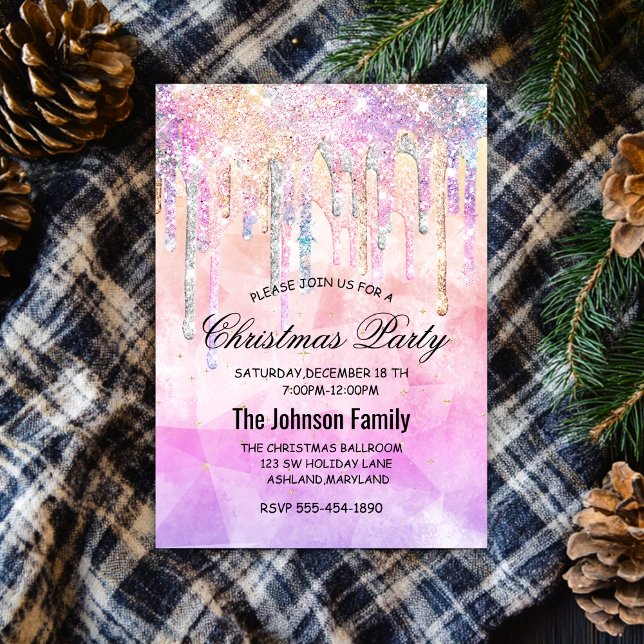 Invitación Moda morado rosa unicornio gotea Navidades purpuri (Subido por el creador)