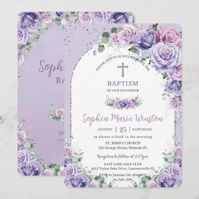 Invitación Moda Morado Rosas Florales Lilac Bautismo Plateado (Anverso / Reverso)